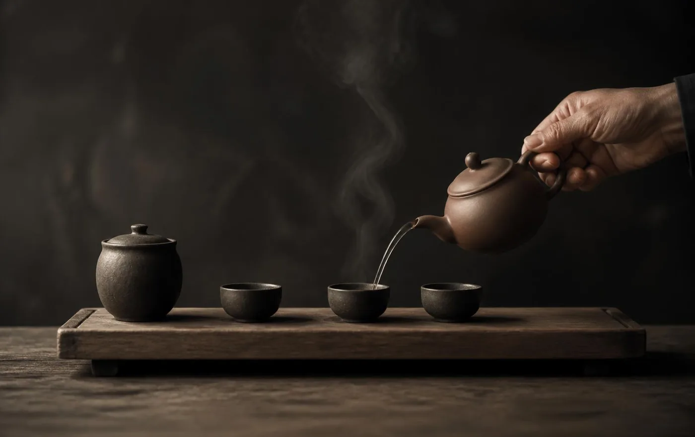 Hơi nước bốc lên từ chén trà trong ánh sáng xiên buổi sáng